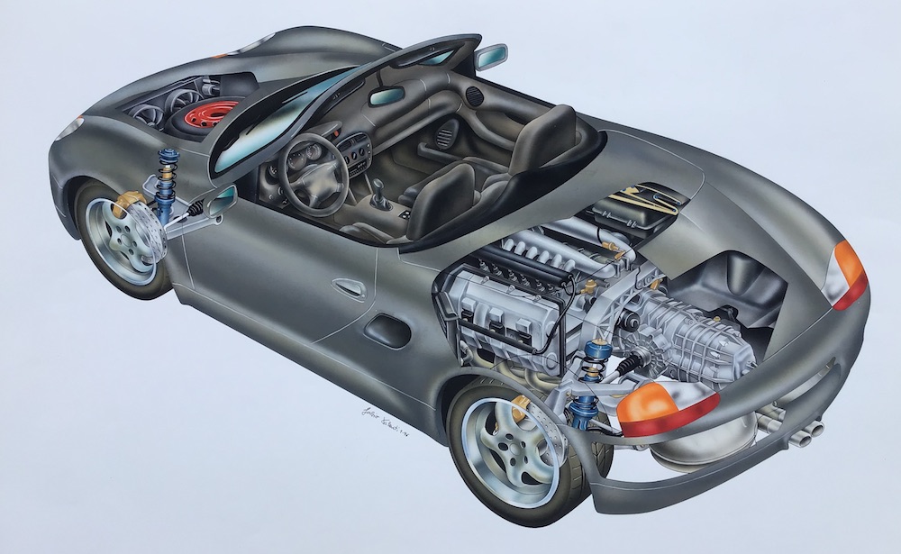 illustrazione a mano, spaccato anticipazione porsche boxster, Aerografo